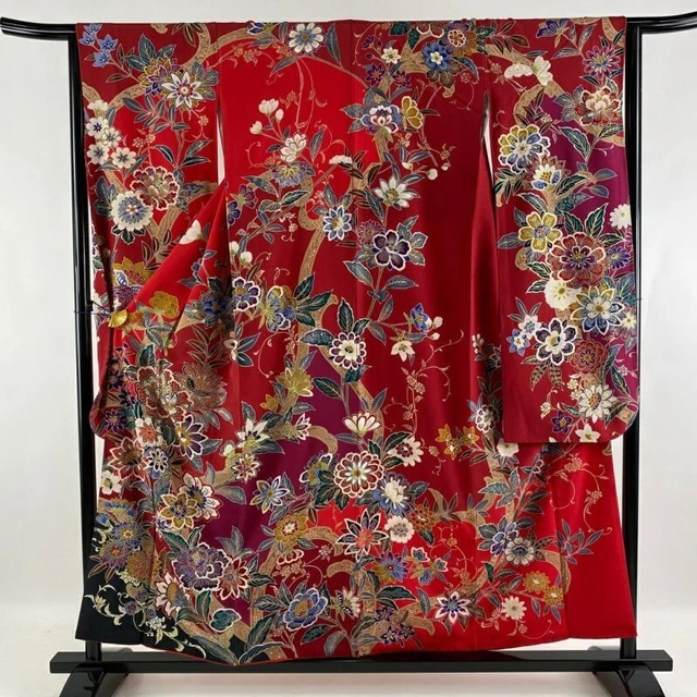 Woman Japanese Kimono Furisode Silk Flower Gold Silver Foil Red