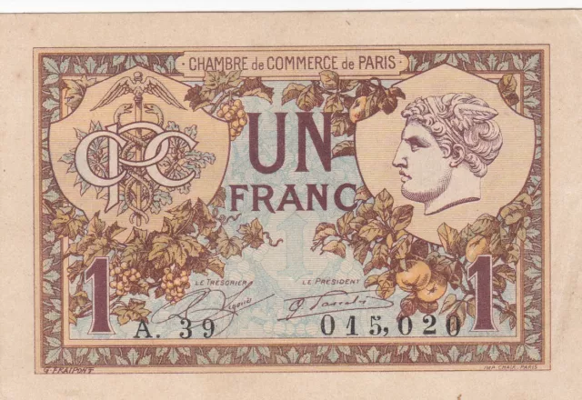 billet un franc chambre de commerce Paris 1920 TTB