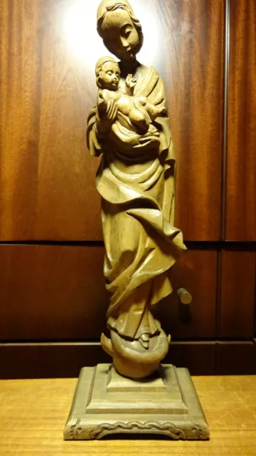 Antique 13" Hand Carved Wood Our Lady Virgin Mary Madonna + Jesus Statue Figure