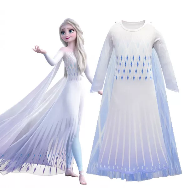 2019 New Girls Frozen 2 White Elsa Costume Party Birthday Dress + Cape 3-10 Yrs