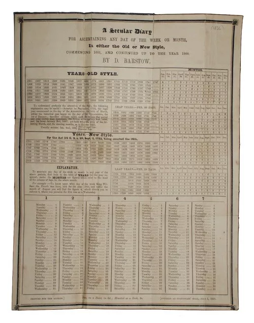 1836 SECULAR DIARY Historical Dates FOLDING POCKET CALENDAR Original Boards