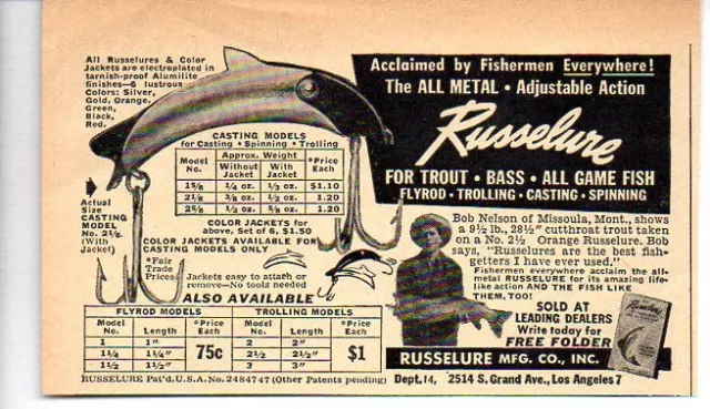 1950 Vintage Ad Russelure Fishing Lures All Game Fish Los Angeles,CA