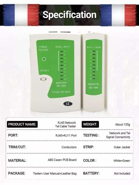 Testeur de câble Réseau Ethernet Cat5, Cat6, Cat6e, Cat7, 8P, 6P, RJ45, RJ11