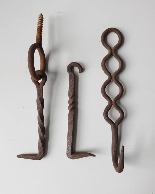 lot of 3 Vintage/Antique Forged Wrought Iron  Hooks / Latches / Hangers