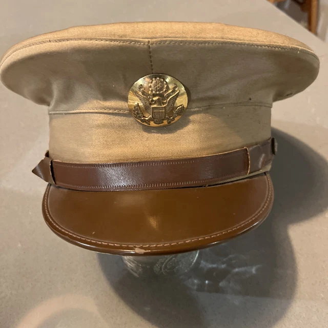 WW2 US ARMY Officer/Enlisted Tan Military Cap Hat, Size 7 3/8