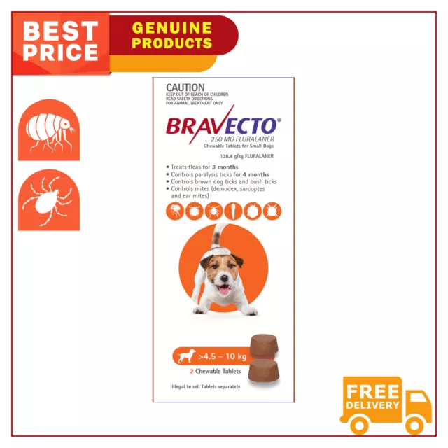 BRAVECTO for Dogs ORANGE 3 Months Tick and Flea Treatment 2 Chews 4.5 to 10 Kg