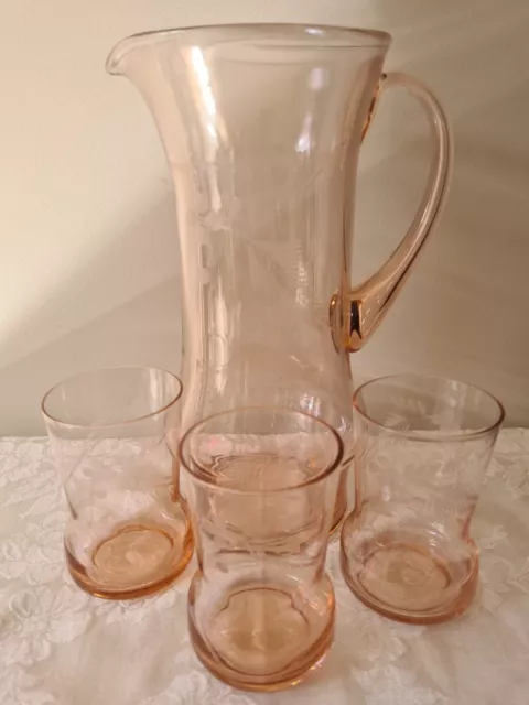 Vintage Pink Etched Glass Jug Pitcher & Glasses x 3 - Water, Cocktail Set