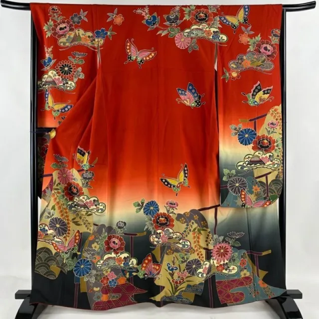 Woman Japanese Kimono Furisode Silk Butterfly Flower Blur Red