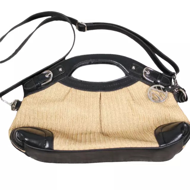 Style & Co Black Tan Straw Faux Vegan Leather Shoulder Handbag Clutch Purse Bag