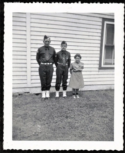 Antique Photograph Two Boy Scouts & Brownie Girl Scout by House - Saddle Shoes