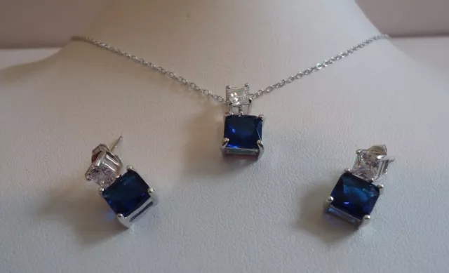 925 Sterling Silver Necklace Pendant & Hanging Stud Earrings W Sapphire/Accents 2