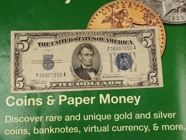 1934 C Five Dollar Silver Certificate $5 Bill Blue Seal Note TP-4372