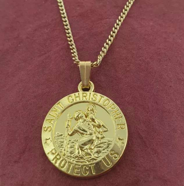 St CHRISTOPHER Necklace Gold Plated Charm Pendant and Chain TRAVEL Saint