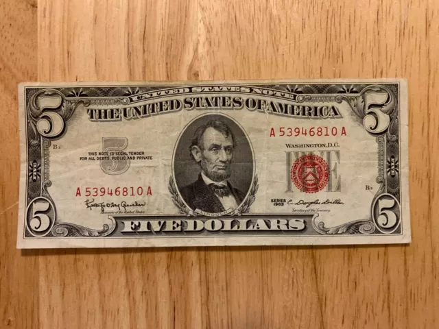 Red Seal $5 Dollar Bill 1963 (circulated, ungraded, good condition)