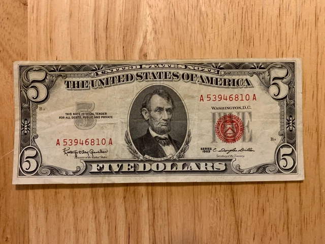 Red Seal $5 Dollar Bill 1963 (circulated, ungraded, good condition)