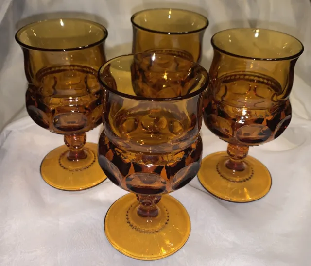 Vintage Indiana Glass Amber Kings Crown Thumbprint Glasses Wine Goblets 5.75"