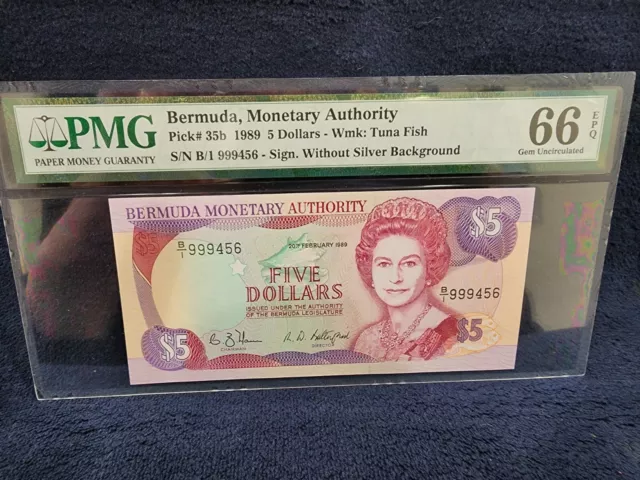 BERMUDA 1989 5 DOLLARS P35b GEM UNC PMG 66 EPQ UNIQUE S/N!