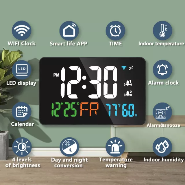 Digital LED Large Display WIFI Wall Alarm Clock With Temperature Humidity Date 2