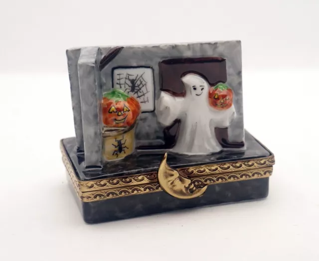 New French Limoges Trinket Box Halloween Ghost Coming through Wall with Pumpkin