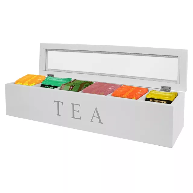 Wooden MDF Tea Bag Box 6 Section Clear Lid Compartments Container Caddy Chest