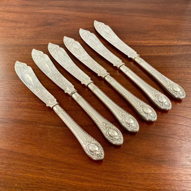 (6) Martin Hall Victorian English Solid Sterling Silver Fish Knives Chased Fish