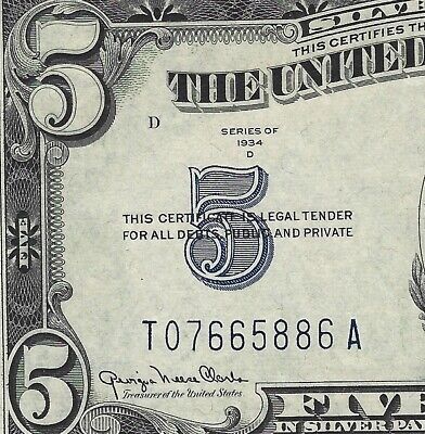 1934-D $5 Silver Certificate = Wide I = Fr-1654 = Pcgs Very Choice New 64 Ppq