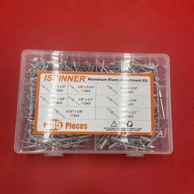 ISPINNER 385pcs 8 Sizes Aluminum Blind Rivets Pop Rivets Assortment Kit Silver