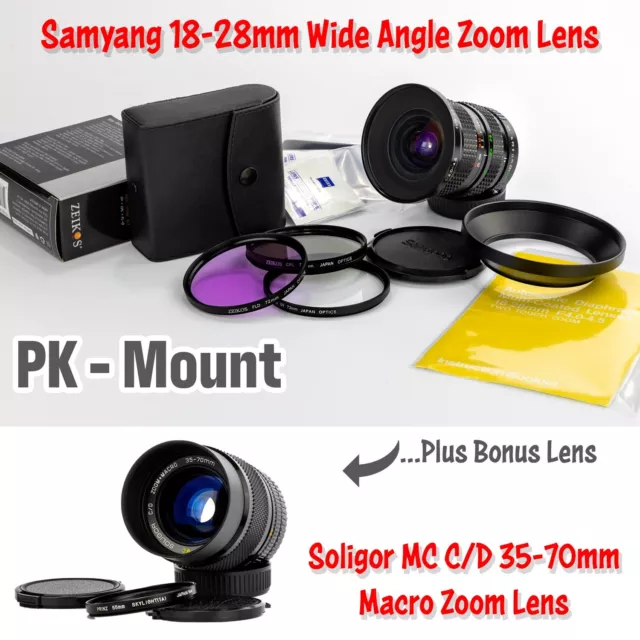 Lente zoom ancho Samyang 18-28 mm f/4-4,5  Soligor MC C/D 35-70 mm macro - montaje PK