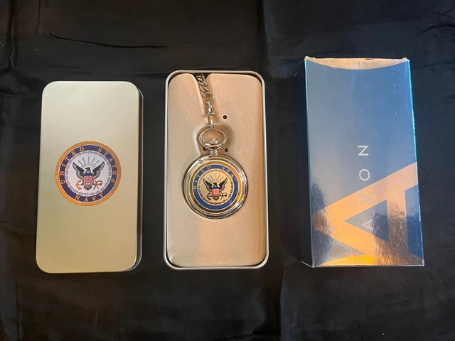 Avon U.S. NAVY Pocket Watch with Necklace & keepsake box.MILITARY /VETERAN GIFT
