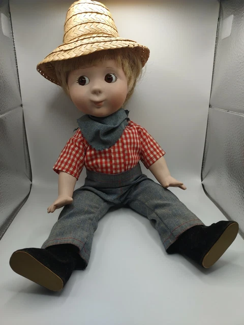 Vintage Margorie Spangler Porcelain Doll Western Cowboy Farmer Straw Hat 1979