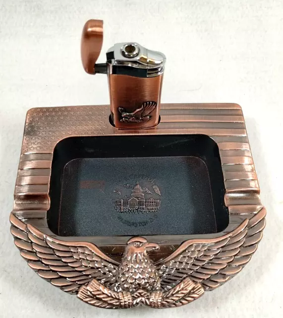 Copper Tone Finish Ashtray & Lighter, Eagle Image, Butane