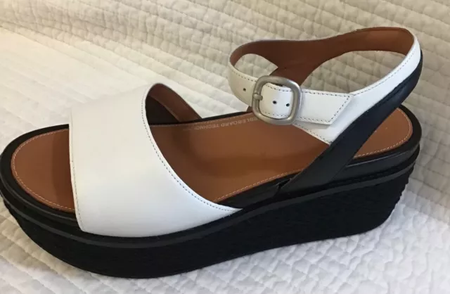 Fitflop Nib Eloise Espadrille Leather Back Strap Wedge Sandal Cream & Black 9