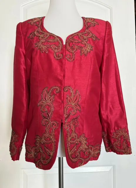 RAJO LAUREL Philippines Filipino Custom Red Beaded Embroidered Blazer Jacket M