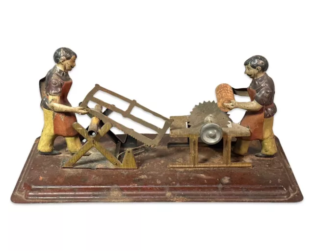 Antique GERMAN Old TIN LITHO Metal STEAM ENGINE Figure WOOD CUTTER Edwardian TOY