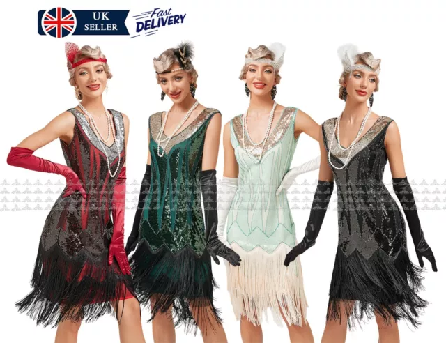 Lady Vintage 1920s Gatsby Double Layer Fringe Cocktail Sequin Beaded Dress-FV19