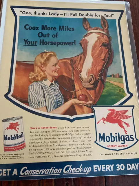 Vintage 1943 Mobiloil Woman Feeding Horse Apple ad