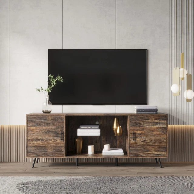 TV Stand Mid-Century Wood Modern Entertainment Center Adjustable Storage Cabinet