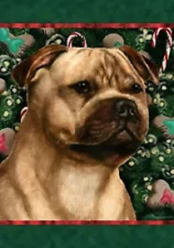 Christmas Holiday Garden Flag - Fawn & White Staffordshire Bull Terrier 149171