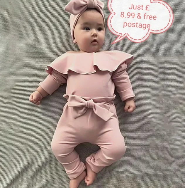 Newborn Baby Girl Ruffle, Frill Solid Romper Bodysuit Bow Pant Outfits Clothes,