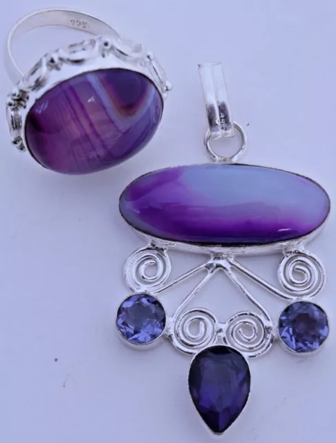 Cabine à facettes violettes plaque d'argent faite main plusieurs pierres ensemble pendentif et bague