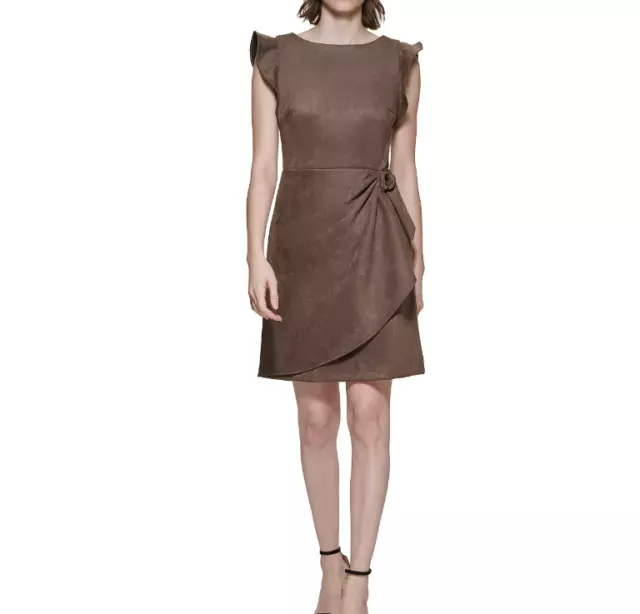 DKNY Women's Faux-Suede Side-Draped Sheath Dress Size 12 Toffee Brown 2