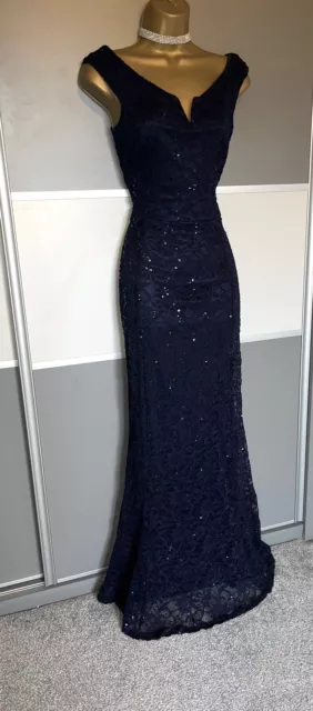 QUIZ Elegant Navy Lace Sparkly Sequin Evening Cocktail Party Maxi Dress Size 14