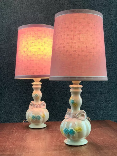 Pair of Mid Century 1950s Blue & Pink Ribbon Ceramic Bed Side Lamps