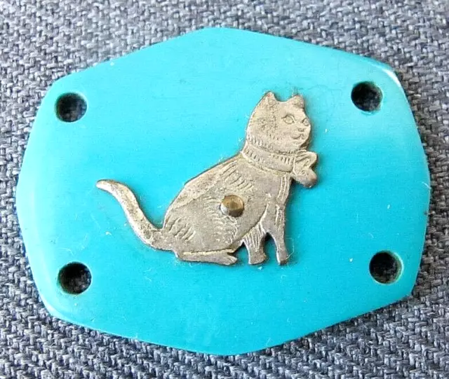 Vintage silver plated cat kitten turquoise celluloid applique link pendant #4