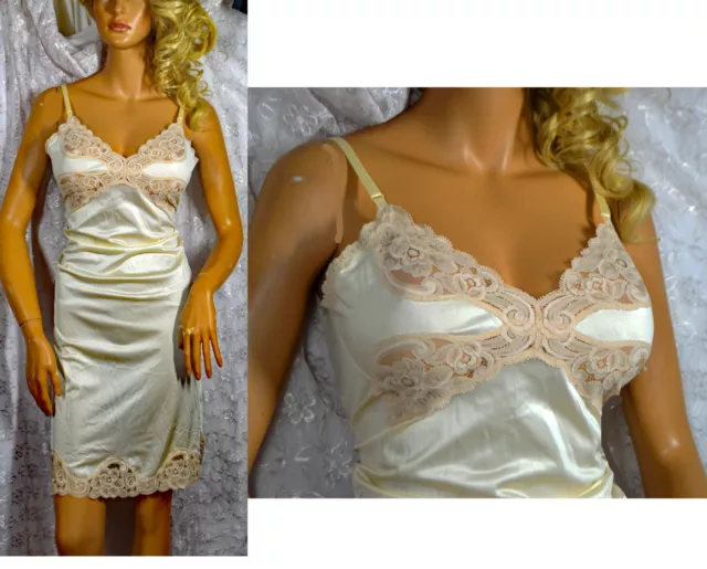 VTG Vanity Fair Ivory Nylon Ecru Cut Out Lace Full Slip 36 M L