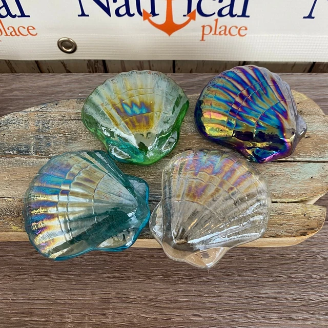 Glass Shell Figurine / Hand Blown Nautical Paperweight -Clear, Green, Light Blue