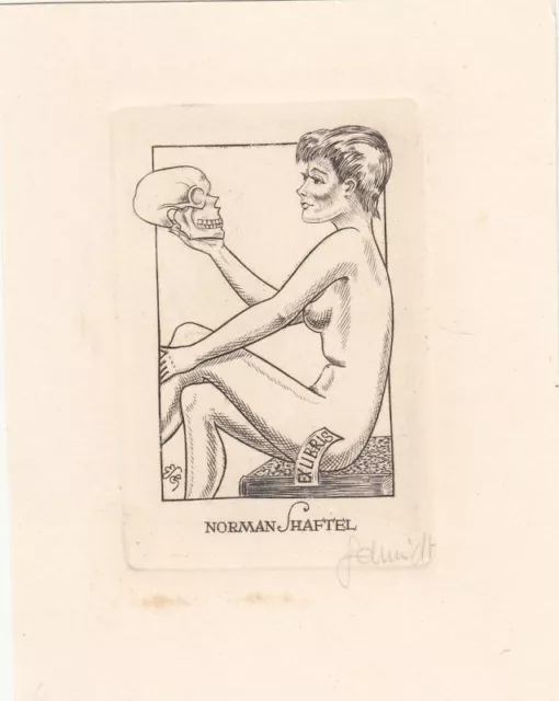 Exlibris Bookplate Gravure sur Cuivre Eugene Schmidt 1910-1975 Nu Féminin Crâne
