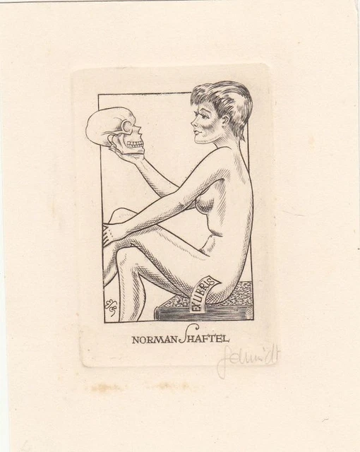 Exlibris Bookplate Gravure sur Cuivre Eugene Schmidt 1910-1975 Nu Féminin Crâne