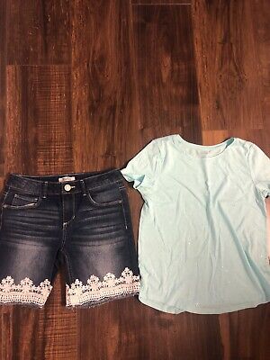 MUDD and SO Girls Outfit Size 12 Blue  Jean Shorts and T Shirt Top Beaded   EUC