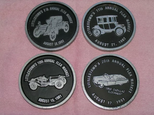 Four Vintage 1980+ Pewter Flea Market / Automobile Drink Coasters